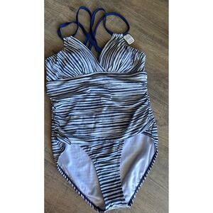 Navy Blue White Striped One Piece Swimsuit Slimming Shirred Surplice Size 12-14